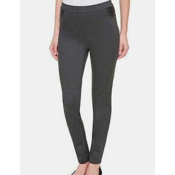 DKNY Pull On Ponte Pants Leather Navy Blue Diamond Lattice Work Career Medium - Picture 10 of 10